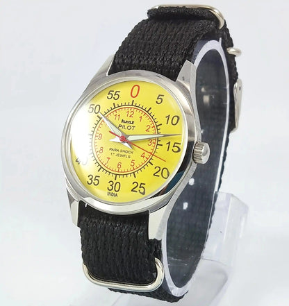 HMT Pilot Para Shock 17 Jewels Sun Yellow Dial Handwinding Transparent Back Discover-Diamonds Physical