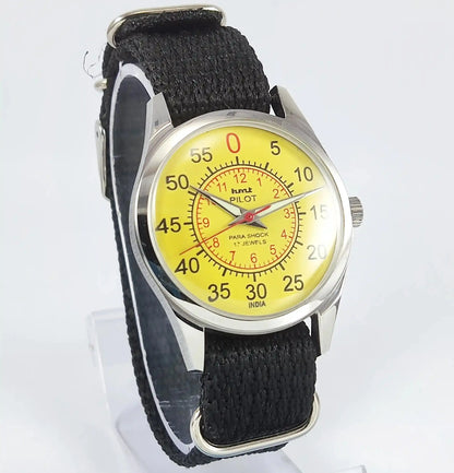 HMT Pilot Para Shock 17 Jewels Sun Yellow Dial Handwinding Transparent Back Discover-Diamonds Physical