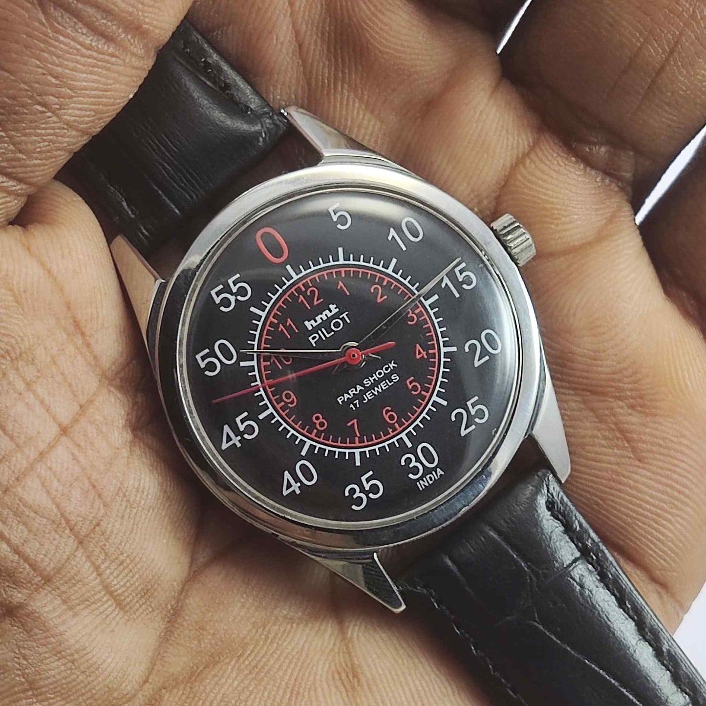 HMT Pilot Para Shock 17 Jewels Black Dial Mechanical Handwinding Men's Wrist Watch 0231 Discover-Diamonds