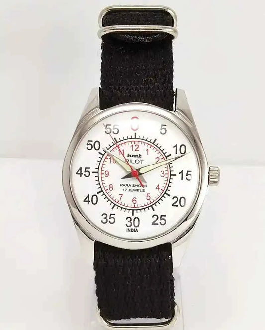 HMT Pilot White English Sub Numerals Dial Para Shock 17 Jewels Mechanical Handwinding Watch