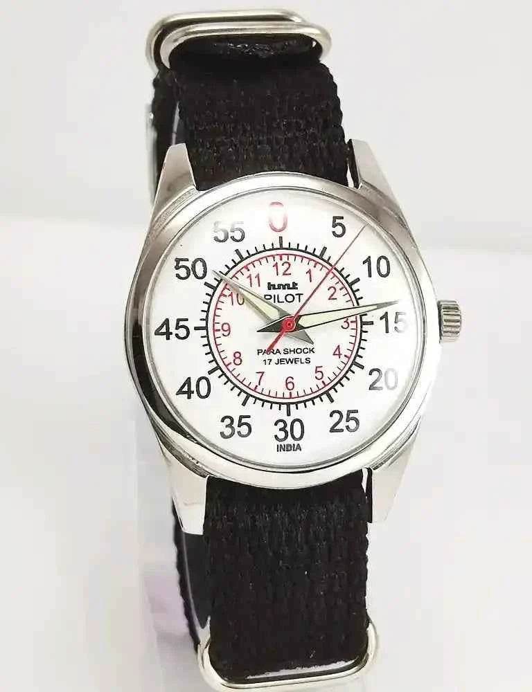 HMT Pilot White English Sub Numerals Dial Para Shock 17 Jewels Mechanical Handwinding Watch