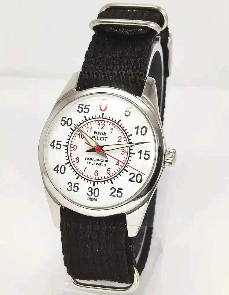 HMT Pilot White English Sub Numerals Dial Para Shock 17 Jewels Mechanical Handwinding Watch