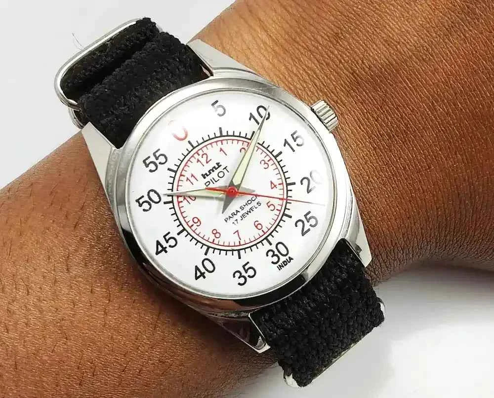 HMT Pilot White English Sub Numerals Dial Para Shock 17 Jewels Mechanical Handwinding Watch
