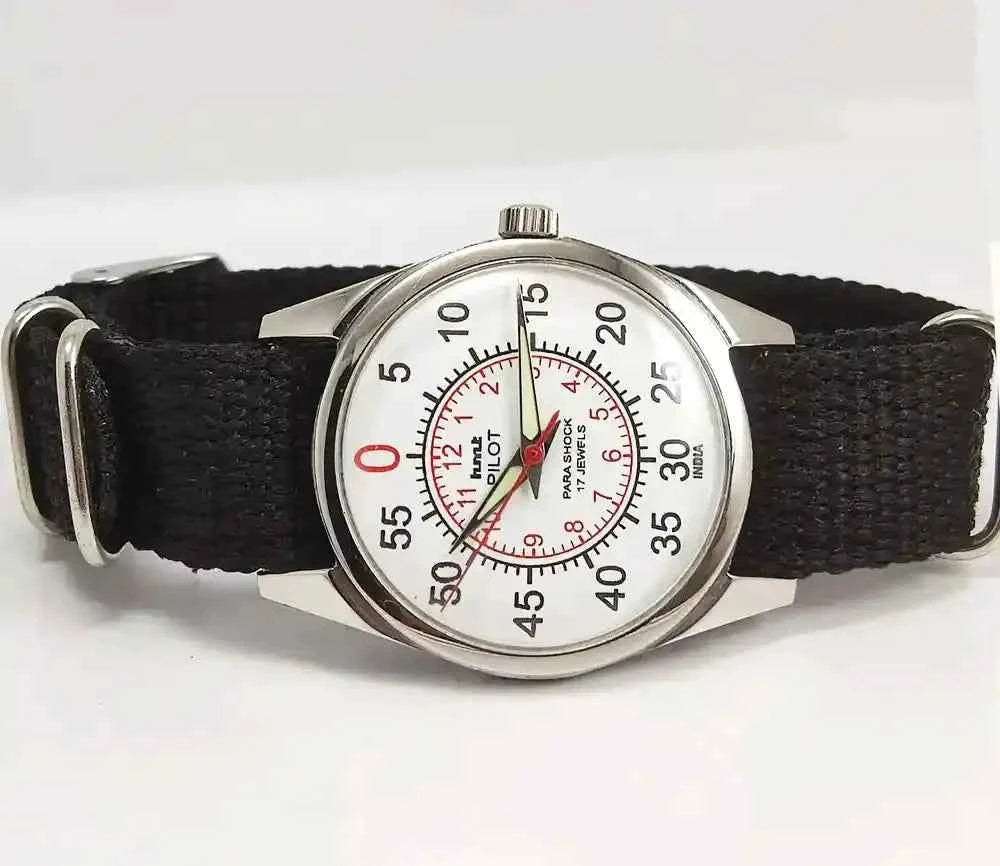 HMT Pilot White English Sub Numerals Dial Para Shock 17 Jewels Mechanical Handwinding Watch