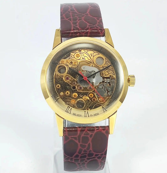 HMT Skeletion Dial Para Shock 17 Jewels Golden Color Mechanical Handwinding Discover-Diamonds Physical
