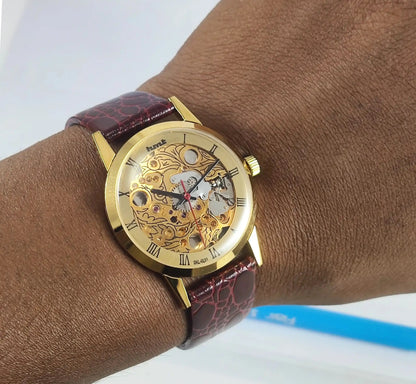 HMT Skeletion Dial Para Shock 17 Jewels Golden Color Mechanical Handwinding Discover-Diamonds Physical