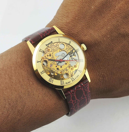 HMT Skeletion Golden Dial Para Shock 17 Jewels Men's Wrist Watch 0231 Discover-Diamonds