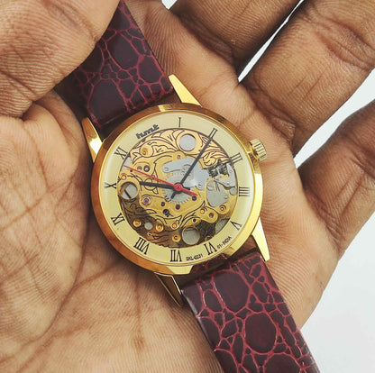 HMT Skeletion Golden Dial Para Shock 17 Jewels Men's Wrist Watch 0231 Discover-Diamonds