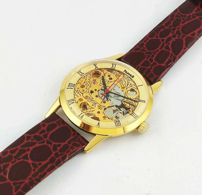 HMT Skeletion Golden Dial Para Shock 17 Jewels Men's Wrist Watch 0231 Discover-Diamonds