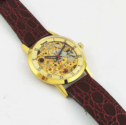 HMT Skeletion Golden Dial Para Shock 17 Jewels Men's Wrist Watch 0231 Discover-Diamonds