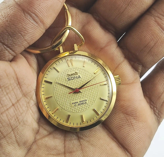 HMT Sona Golden Dial 17 Jewels Handwinding Pocket Watch Discover-Diamonds