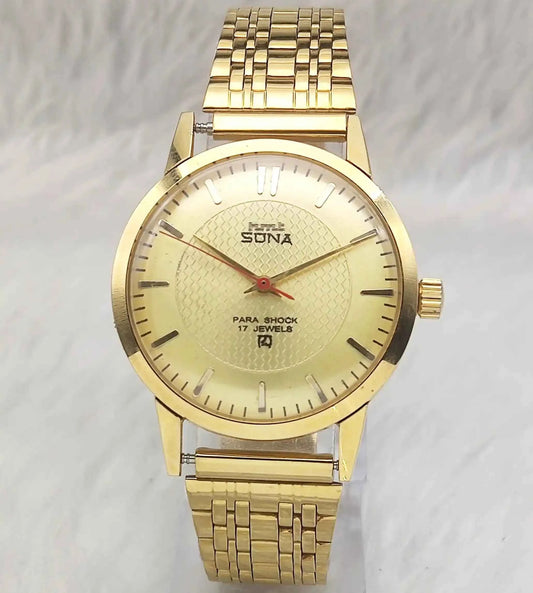 HMT Sona Para Shock 17 Jewels Golden Dial Stick Indices Handwinding Men's Watch