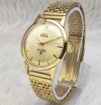HMT Sona Para Shock 17 Jewels Golden Dial Stick Indices Handwinding Men's Watch