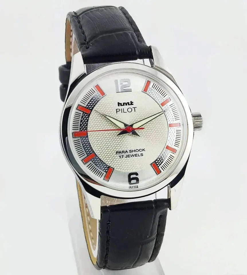 HMT Pilot Pearl Dial Para Shock 17 Jewels Transparent Back Mechanical Handwinding Men's Watch 0231 Discover-Diamonds