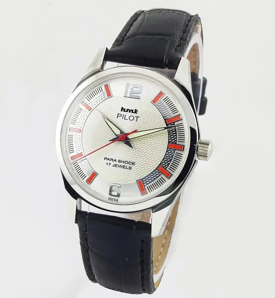 HMT Pilot Pearl Dial Para Shock 17 Jewels Transparent Back Mechanical Handwinding Men's Watch 0231 Discover-Diamonds