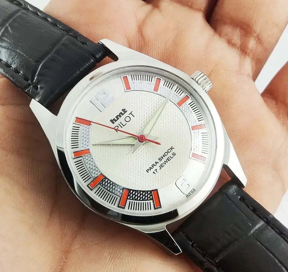 HMT Pilot Pearl Dial Para Shock 17 Jewels Transparent Back Mechanical Handwinding Men's Watch 0231 Discover-Diamonds