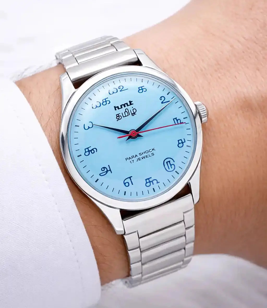 HMT Tamil Ocean Blue Dial Para Shock 17 Jewels Handwinding - Discover-Diamonds