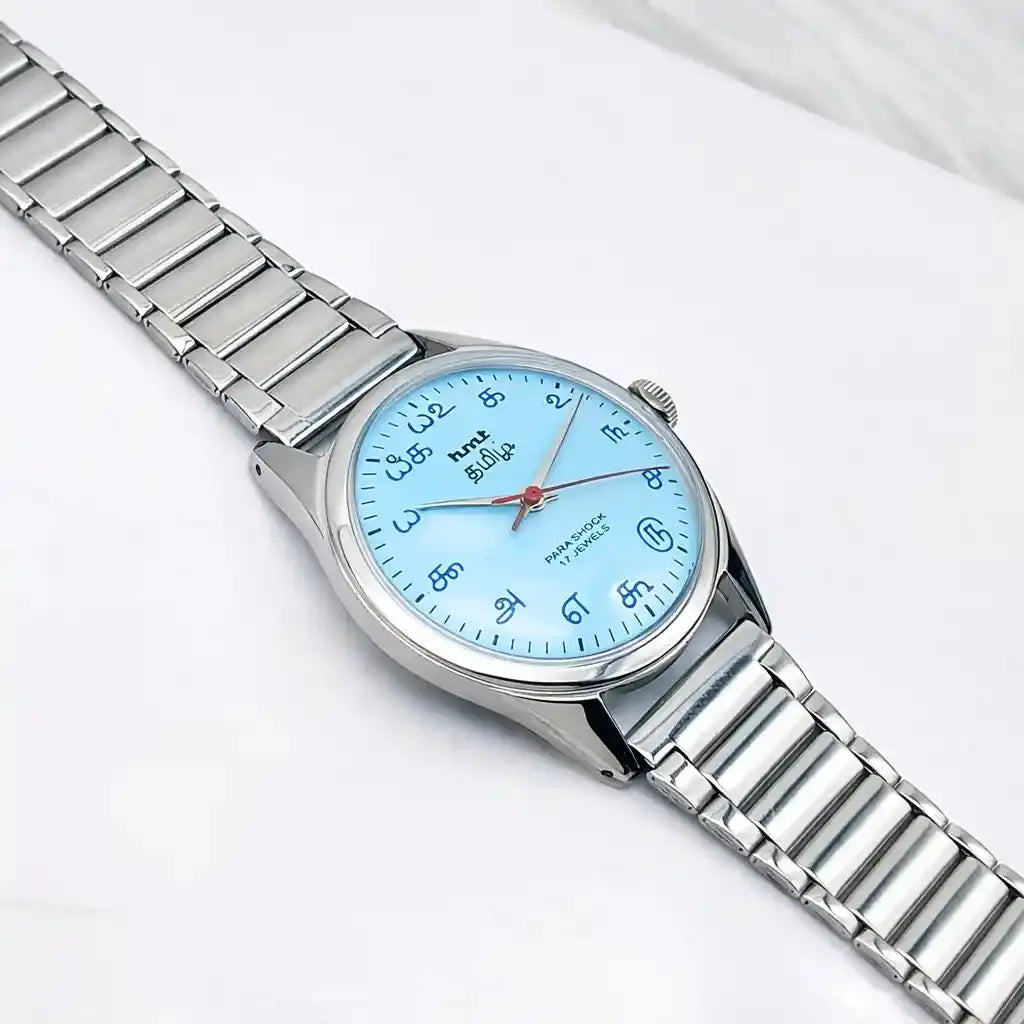 HMT Tamil Ocean Blue Dial Para Shock 17 Jewels Handwinding - Discover-Diamonds