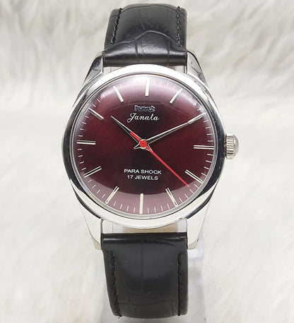 HMT Janata Men's Watch - Maroon Dial, Stick Indices, 17 Jewels
