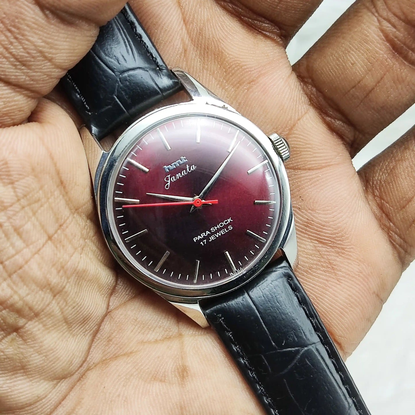 HMT Janata Men's Watch - Maroon Dial, Stick Indices, 17 Jewels
