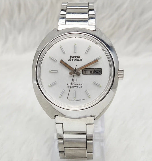HMT Arvind Automatic 21 Jewels Watch with Cloud Color Dial, Stick Indices, and Day-Date Feature
