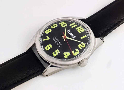 HMT Glow In The Dark Black Dial 17 Jewels Para Shock Handwinding Men's Watch Discover-Diamonds