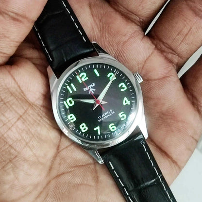 HMT Glow In The Dark Black Dial English Numerals Handwinding 17 Jewels