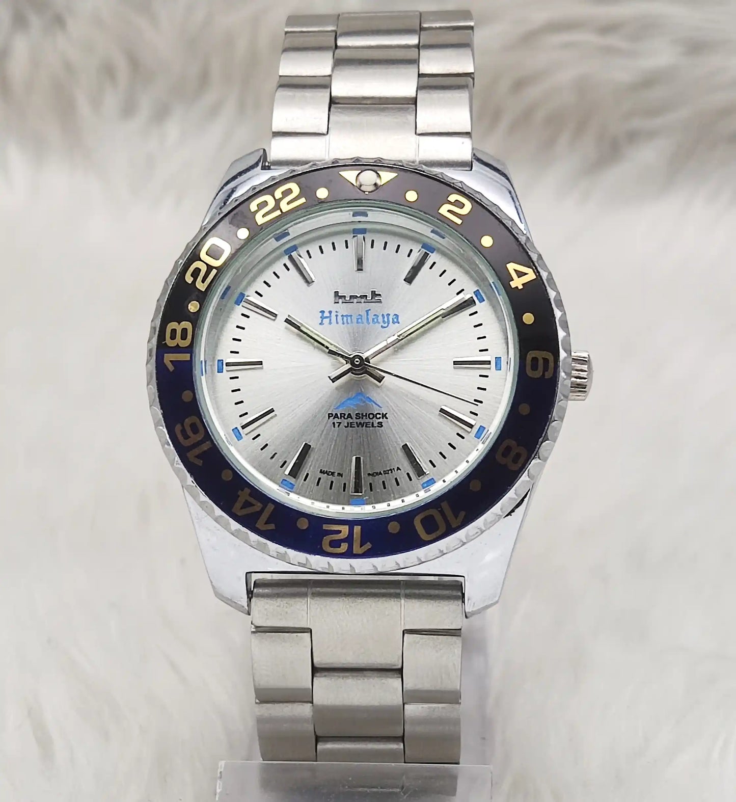 HMT Himalaya Handwinding Watch with 17 Jewels, Silver Dial, and Transparent Back