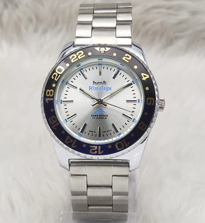 HMT Himalaya Handwinding Watch with 17 Jewels, Silver Dial, and Transparent Back