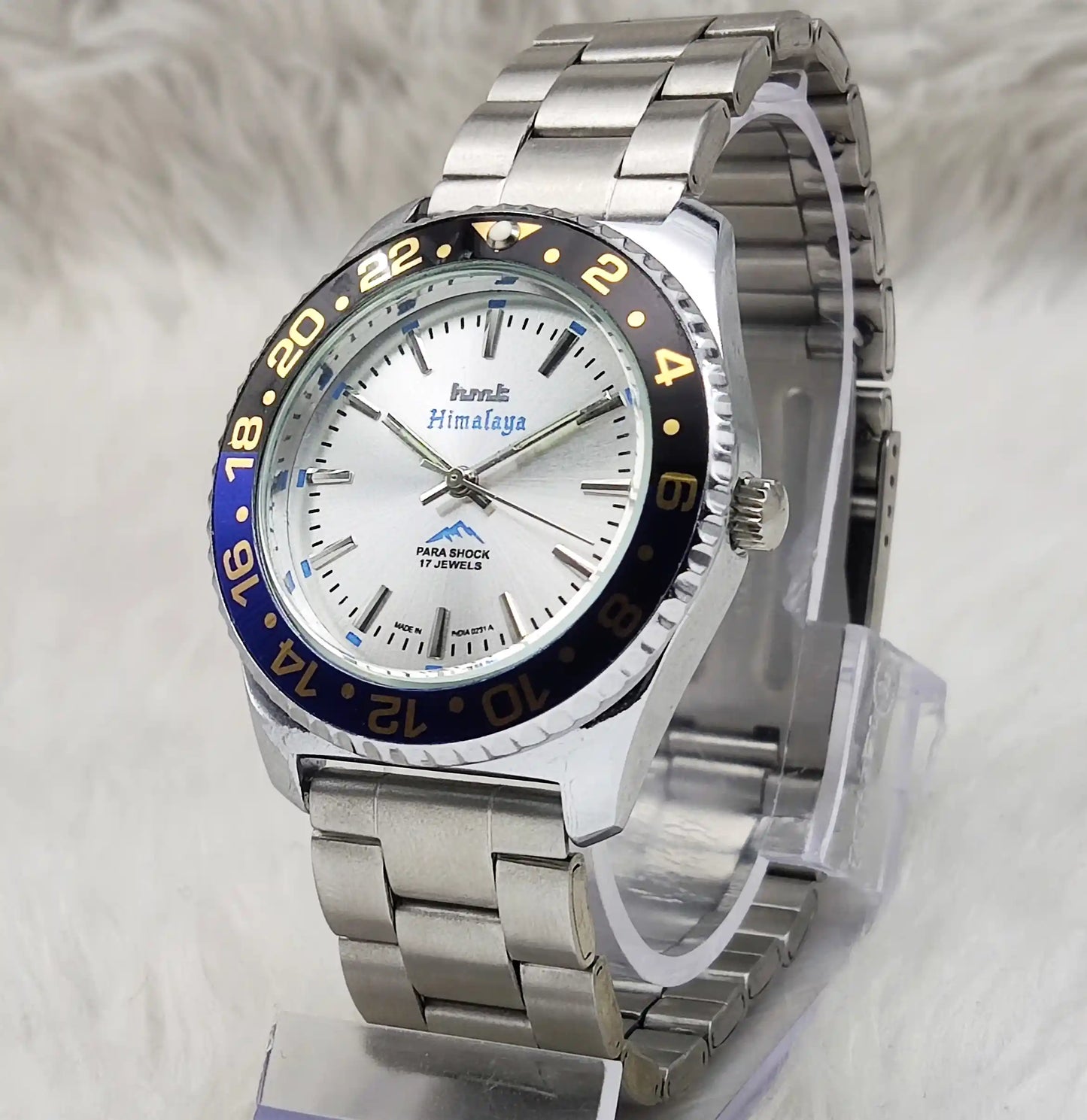 HMT Himalaya Handwinding Watch with 17 Jewels, Silver Dial, and Transparent Back