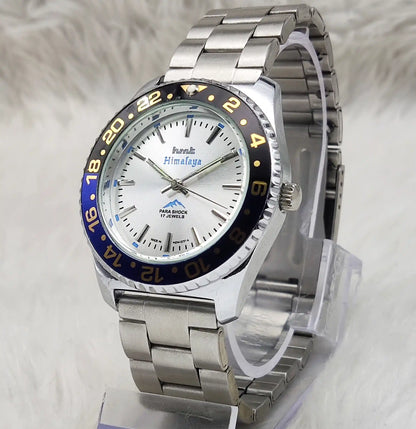 HMT Himalaya Handwinding Watch with 17 Jewels, Silver Dial, and Transparent Back