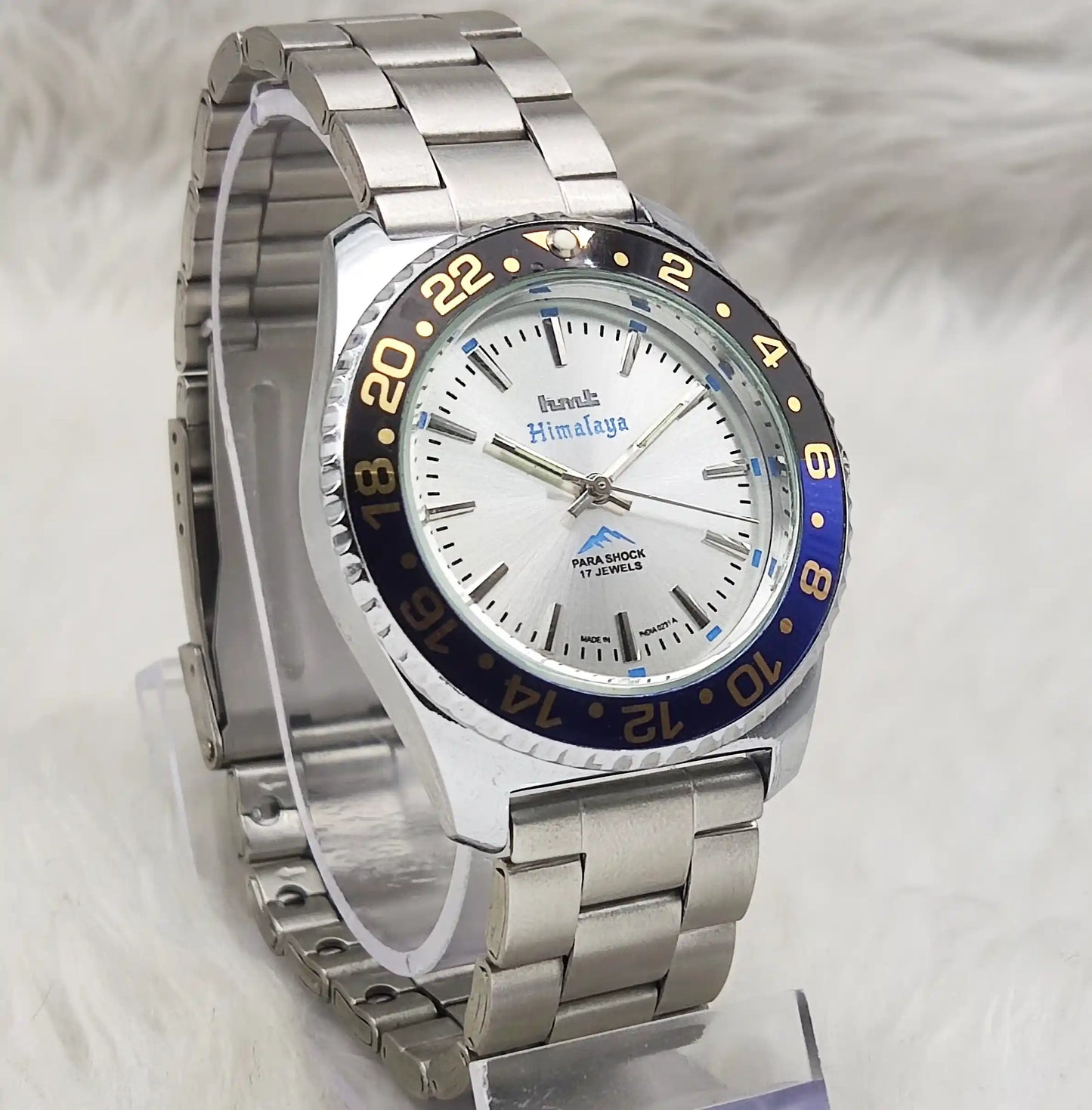 HMT Himalaya Handwinding Watch with 17 Jewels, Silver Dial, and Transparent Back