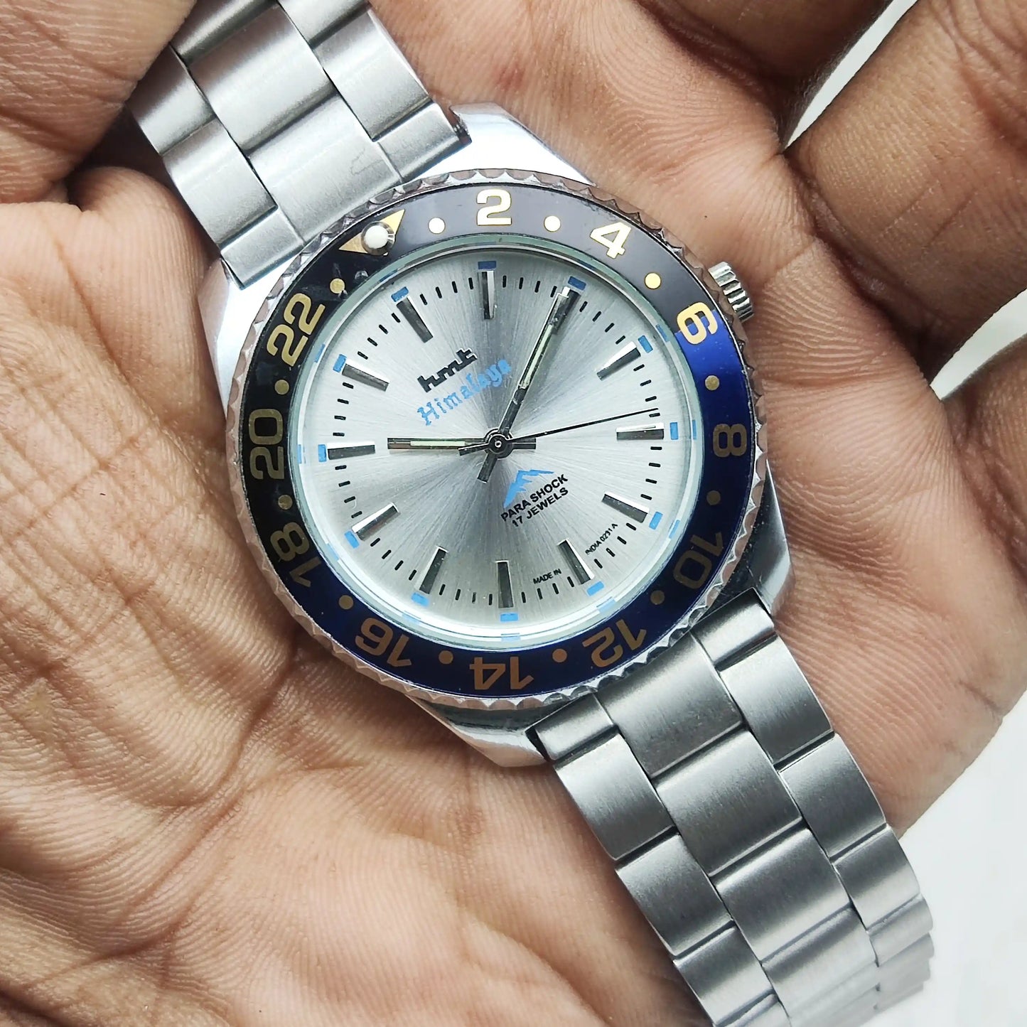 HMT Himalaya Handwinding Watch with 17 Jewels, Silver Dial, and Transparent Back