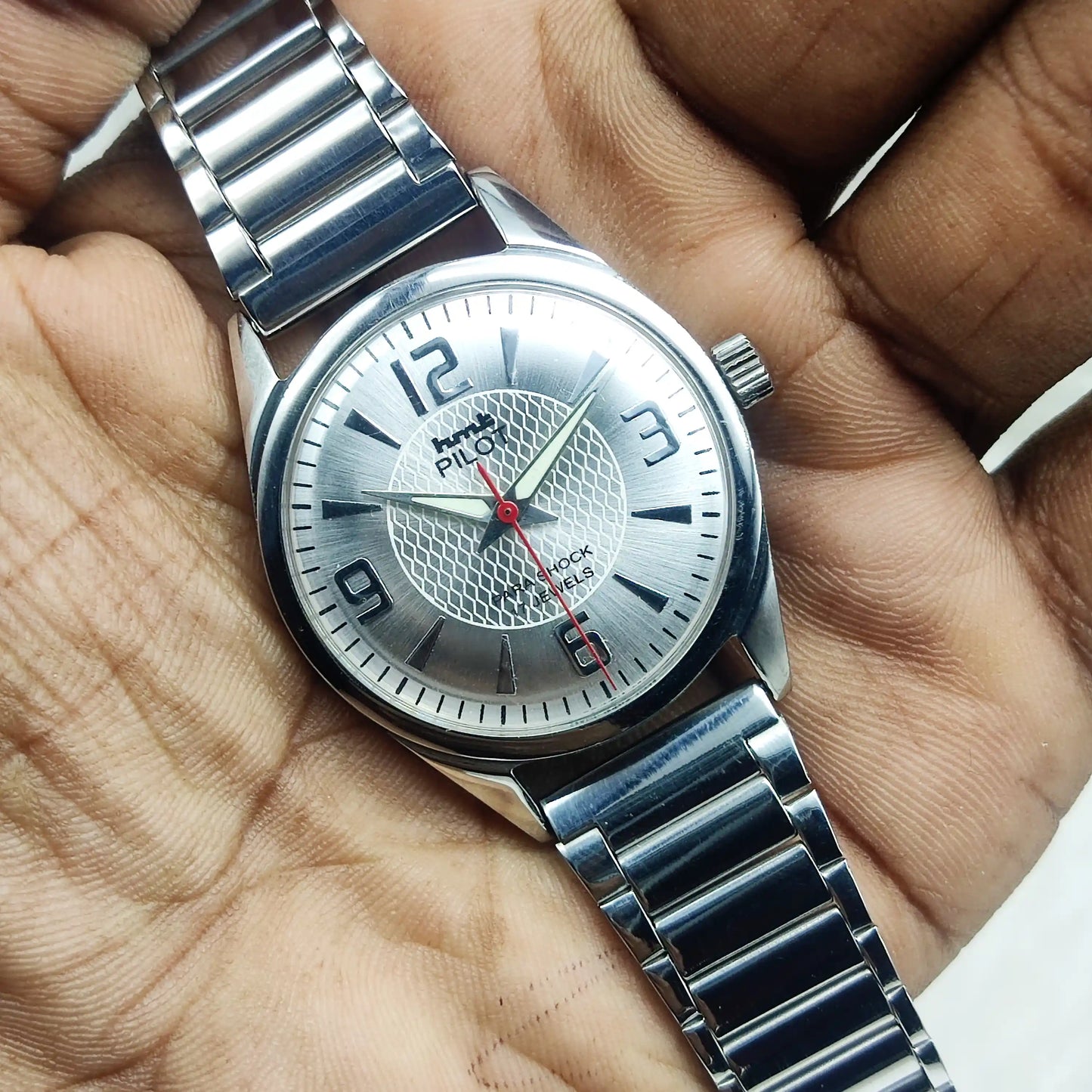HMT Pilot 17 Jewels Silver Dial - Handwinding Men's Watch English-Stick Numerals