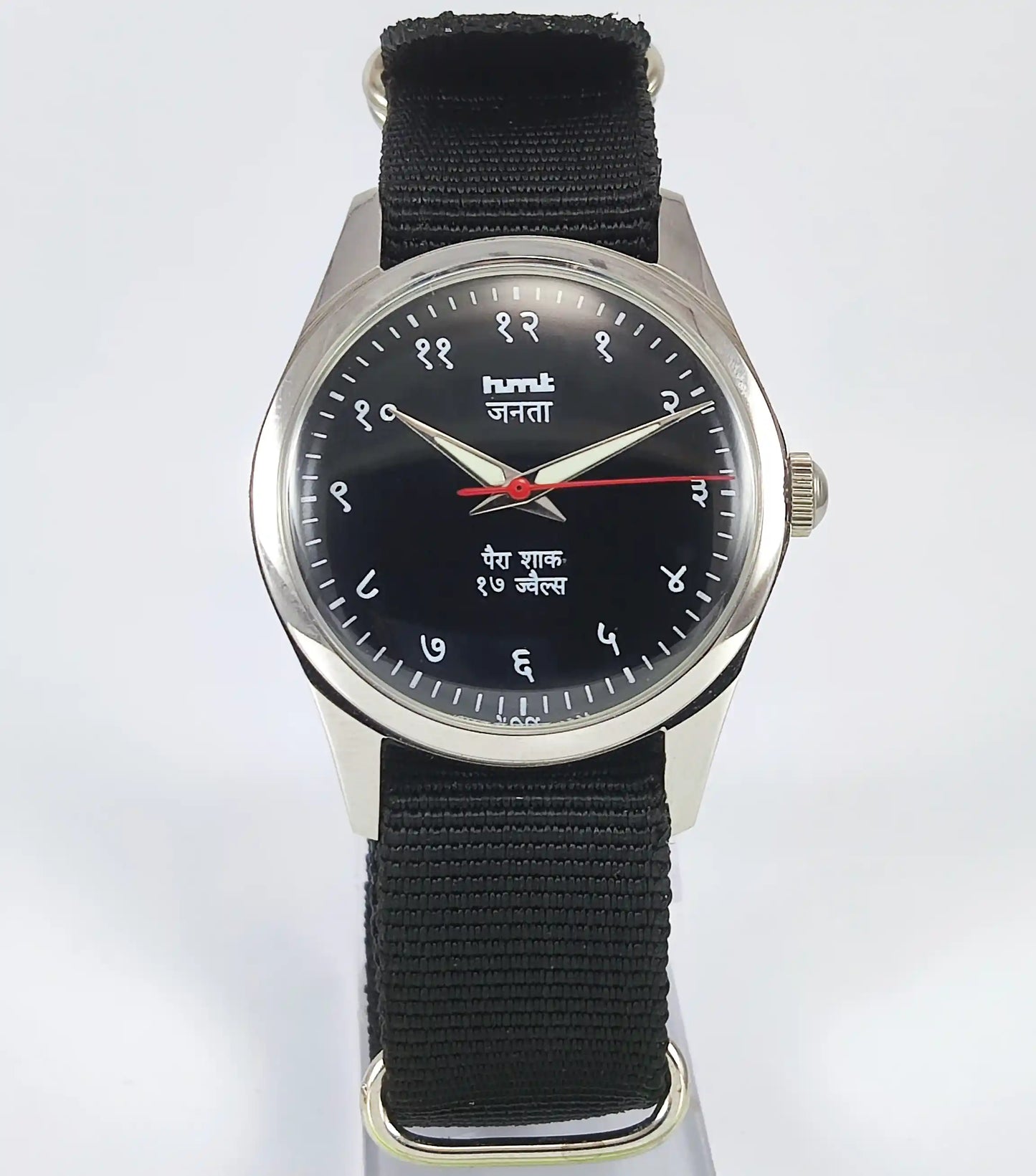 HMT Janata Devanagari Font Transparent Back Black Dial 17 Jewels Discover-Diamonds