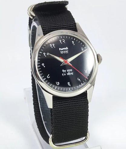 HMT Janata Devanagari Font Transparent Back Black Dial 17 Jewels Discover-Diamonds