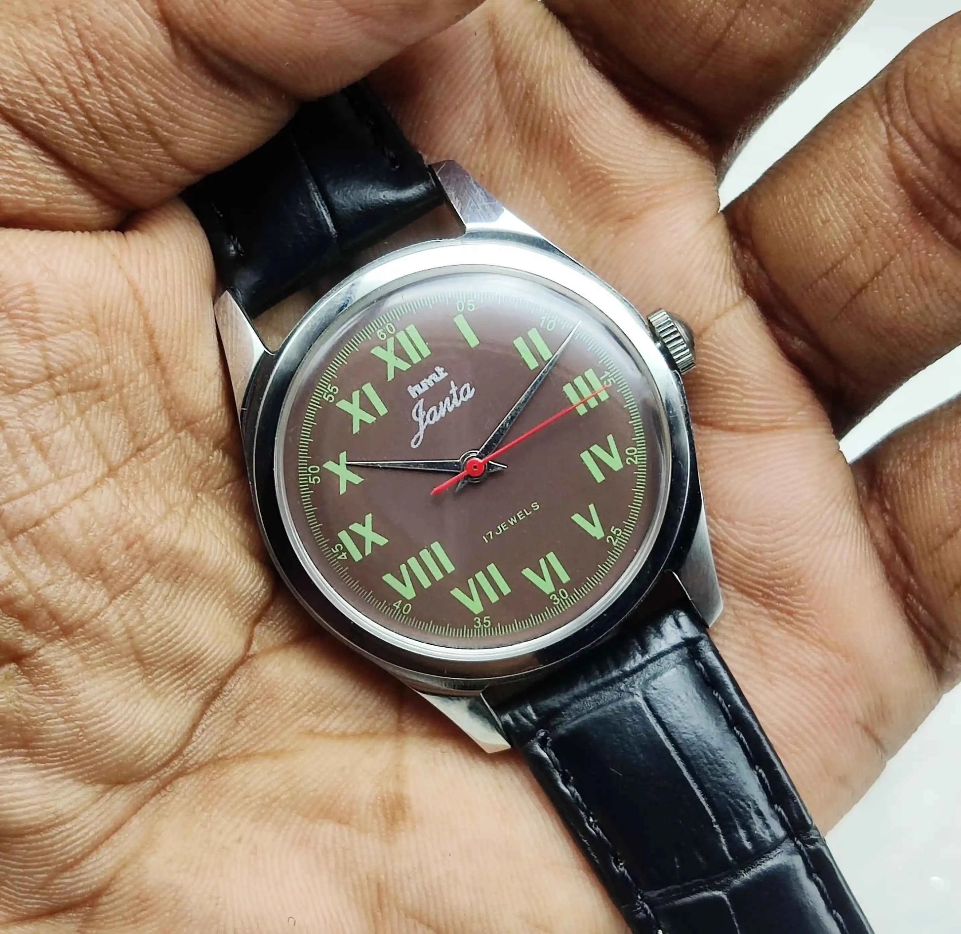 HMT Janata Roman Numerals Brown Dial Handwinding Watch with Transparent Back