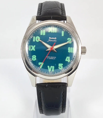 HMT Janata English Numerals Peacock Blue Dial Para Shock 17 Jewels - Discover-Diamonds