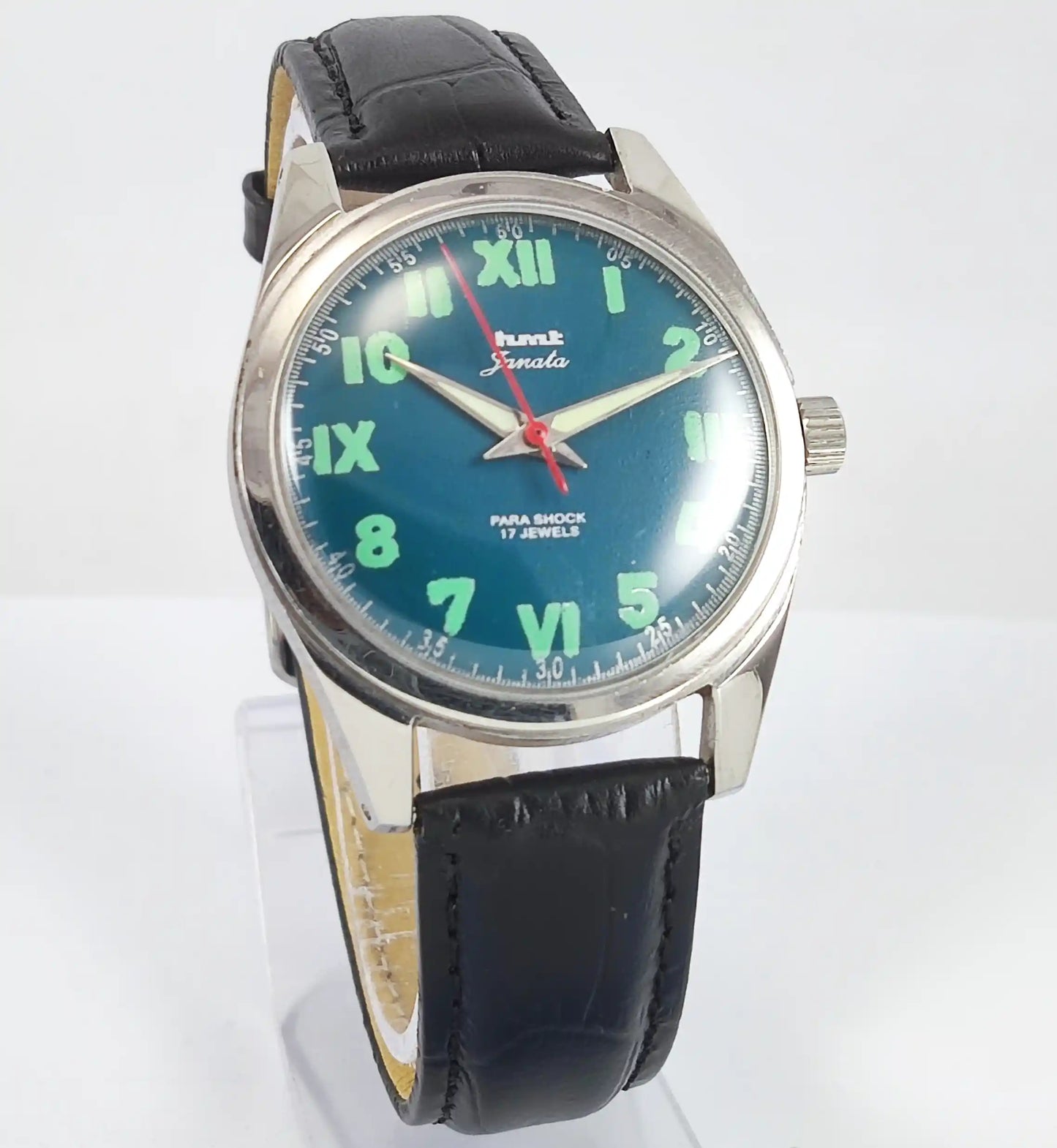 HMT Janata English Numerals Peacock Blue Dial Para Shock 17 Jewels - Discover-Diamonds