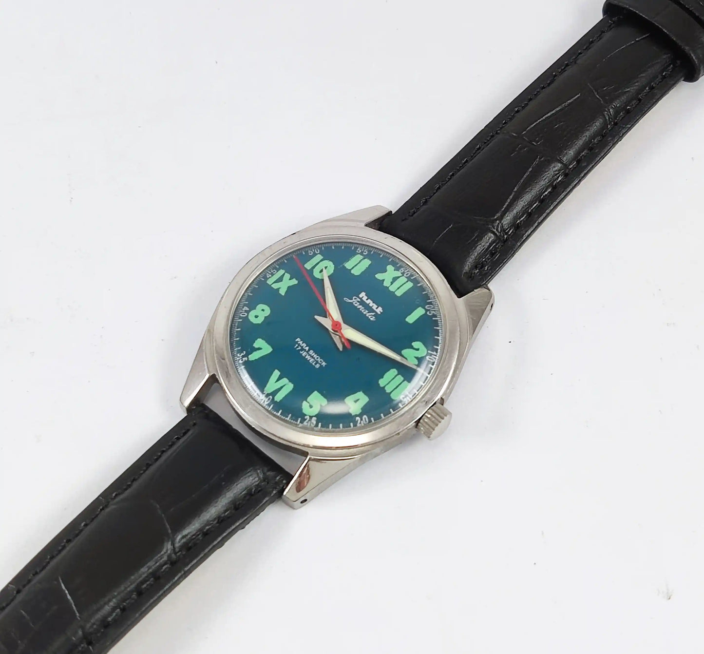 HMT Janata English Numerals Peacock Blue Dial Para Shock 17 Jewels - Discover-Diamonds