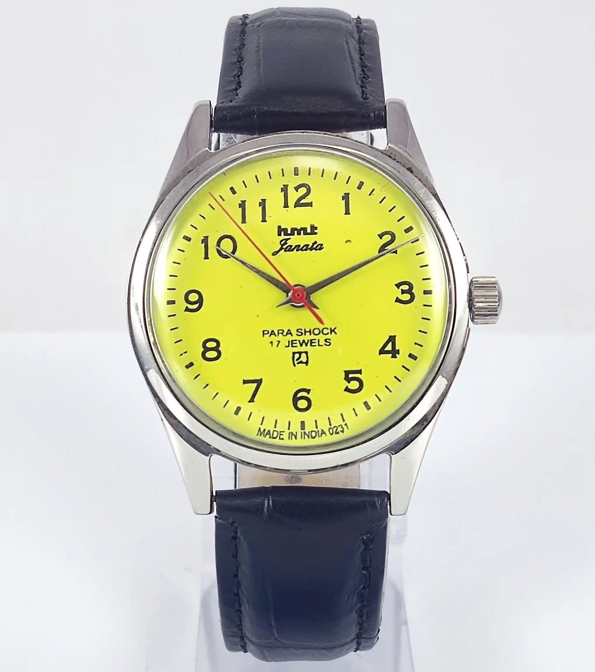 HMT Janata English Numerals Peacock Yellow Dial Para Shock 17 Jewels - Discover-Diamonds