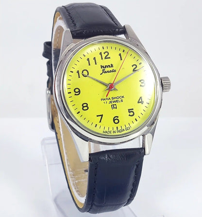 HMT Janata English Numerals Peacock Yellow Dial Para Shock 17 Jewels - Discover-Diamonds