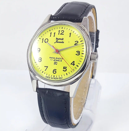 HMT Janata English Numerals Peacock Yellow Dial Para Shock 17 Jewels - Discover-Diamonds