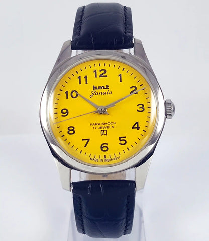 HMT Janata English Numerals Yellow Dial Para Shock 17 Jewels Transparent Back - Discover-Diamonds