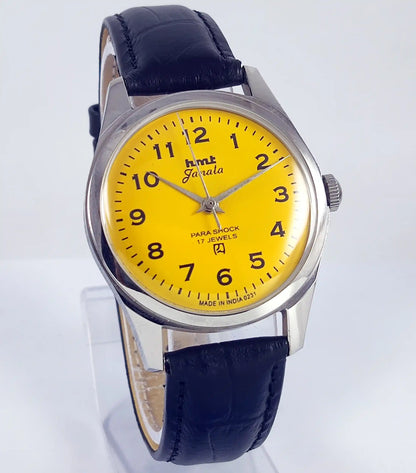HMT Janata English Numerals Yellow Dial Para Shock 17 Jewels Transparent Back - Discover-Diamonds