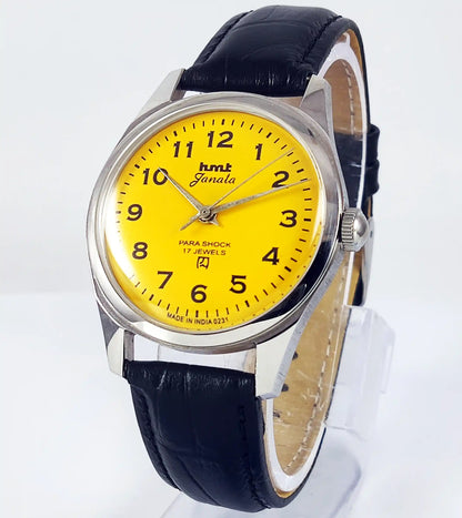 HMT Janata English Numerals Yellow Dial Para Shock 17 Jewels Transparent Back - Discover-Diamonds