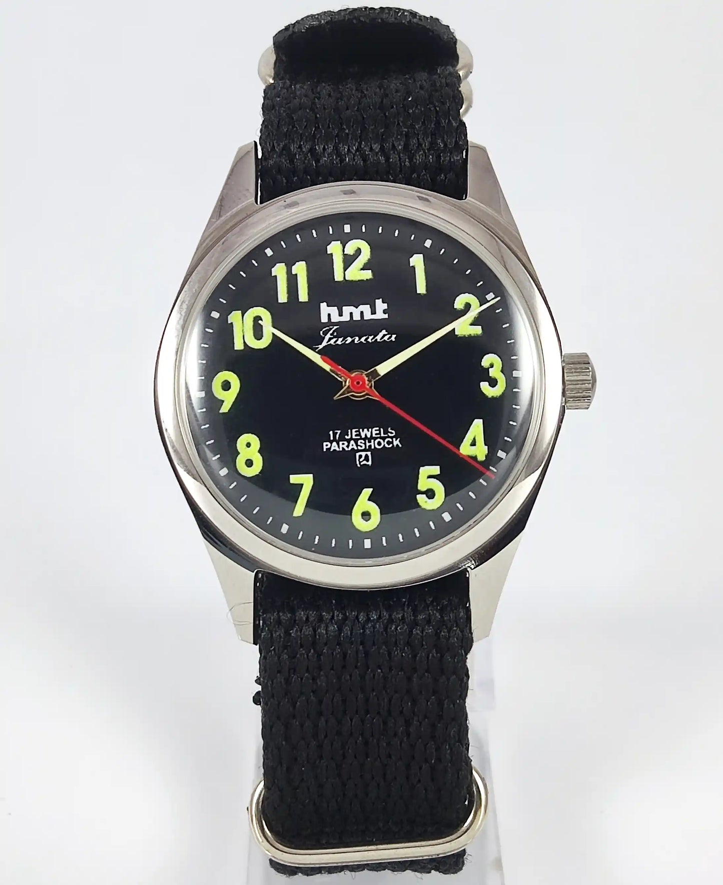 HMT Janata Glow In The Dark Para Shock 17 Jewels Black Dial Transparent Back Discover-Diamonds