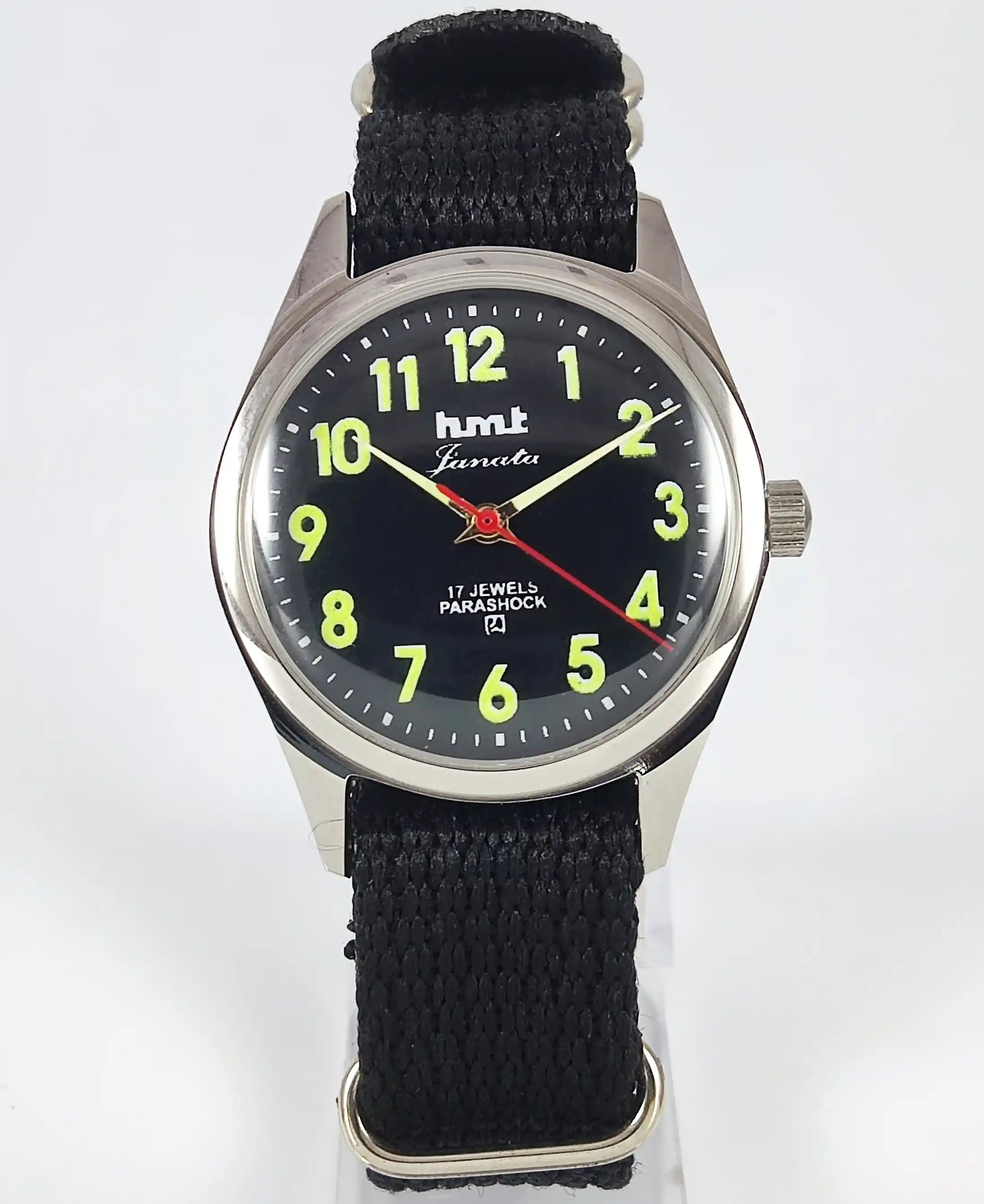 HMT Janata Glow In The Dark Para Shock 17 Jewels Black Dial Transparent Back Discover-Diamonds