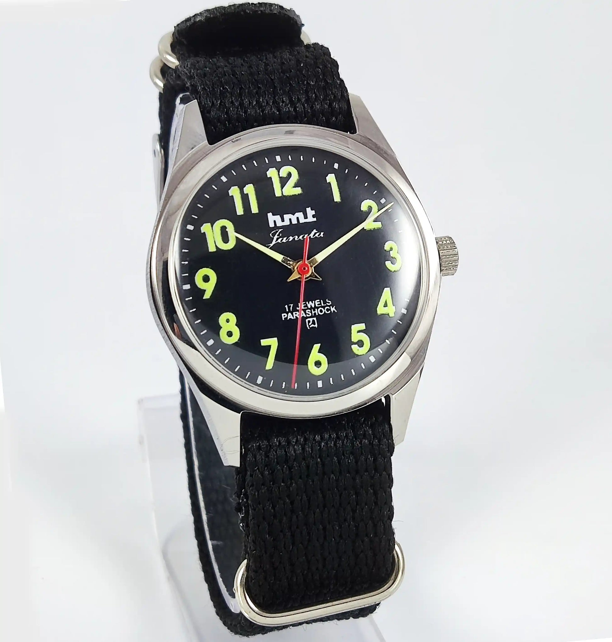 HMT Janata Glow In The Dark Para Shock 17 Jewels Black Dial Transparent Back Discover-Diamonds