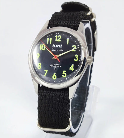 HMT Janata Glow In The Dark Para Shock 17 Jewels Black Dial Transparent Back Discover-Diamonds